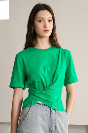 BA_Round neck pleated waist top_GREEN