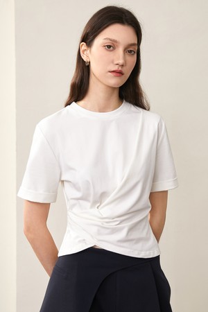 BA_Round neck pleated waist top_WHITE