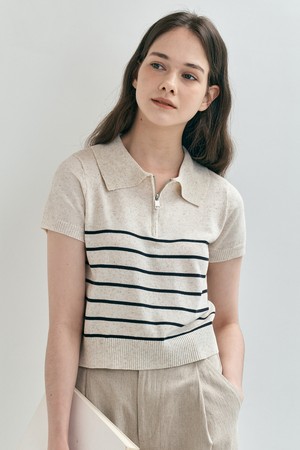 WD_Half zip-up striped knit top