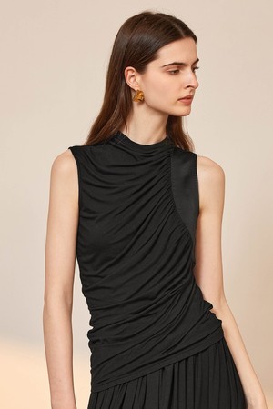 YY_Pleated irregular top_BLACK