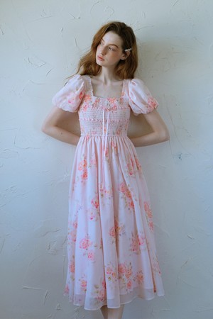 Cest_Pink rose puff sleeve dress