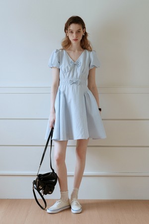 Cest_Sweet ribbon puff sleeve dress