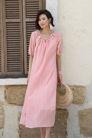 LS_Pink puff sleeve loose dress