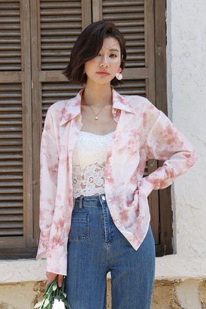 LS_Pink printed loose shirt