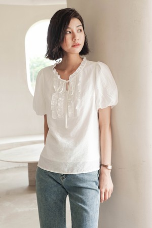 LS_Puff sleeve ruffle neck blouse