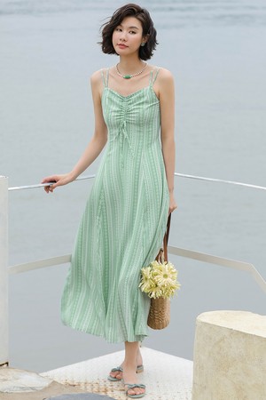 LS_Green striped long dress
