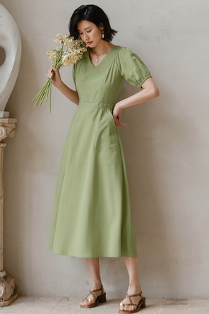 LS_V-neck puff-sleeve slim dress