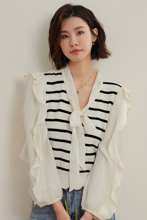 LS_Bow tie fake two piece blouse