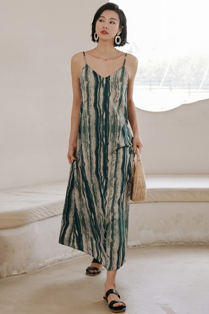 LS_Green striped slip dress