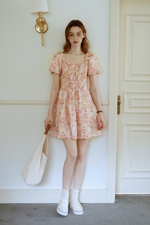 Cest_Sunset flower puff sleeve dress