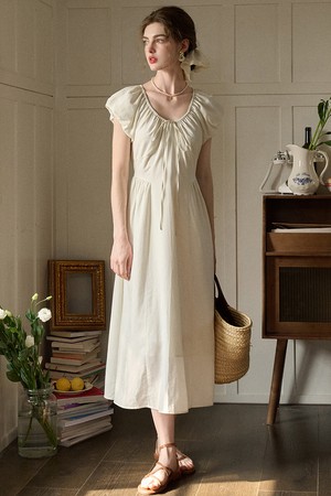 SR_Tie shirring dress_IVORY