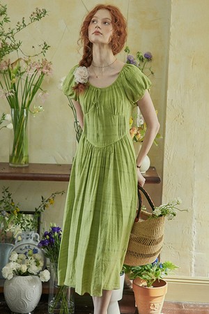 PM_Green tea bubble sleeve dress