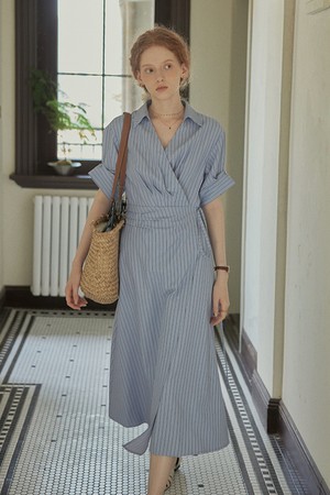 PM_Striped v-neck short shirt dress