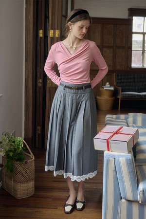 SR_High-waisted pleated lace skirt_GRAY