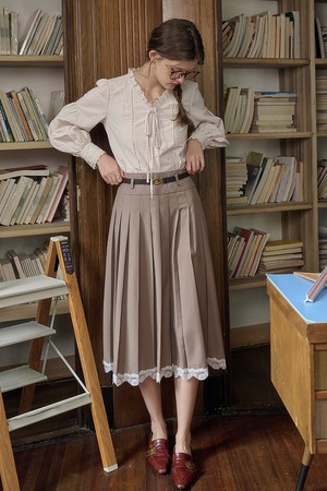 SR_High-waisted pleated lace skirt_BROWN