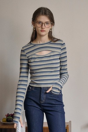 SR_Cut out striped long sleeve slim top