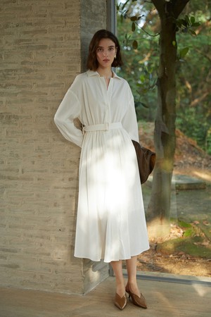 YY_V-neck belted waist dress