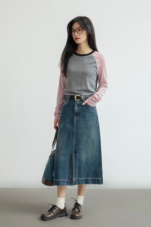 LS_A-line blue denim slit skirt