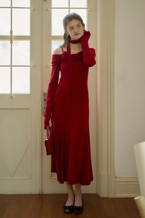 SR_Open-shoulder knit slim dress_RED