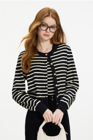 WD_Striped round neck wool cardigan