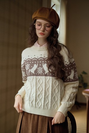 SR_Crewneck ivory jacquard knit sweater