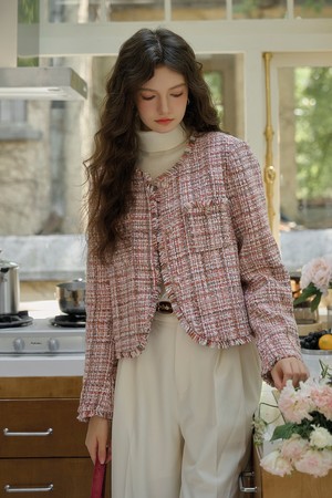 SR_Cropped wool pink tweed jacket