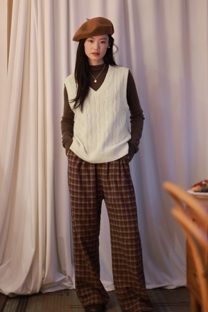 LS_Plaid wide-leg banding pants