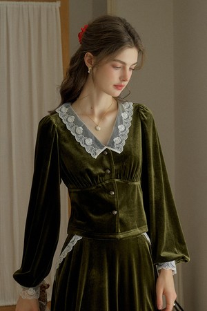 SR_Vintage velvet lace green blouse