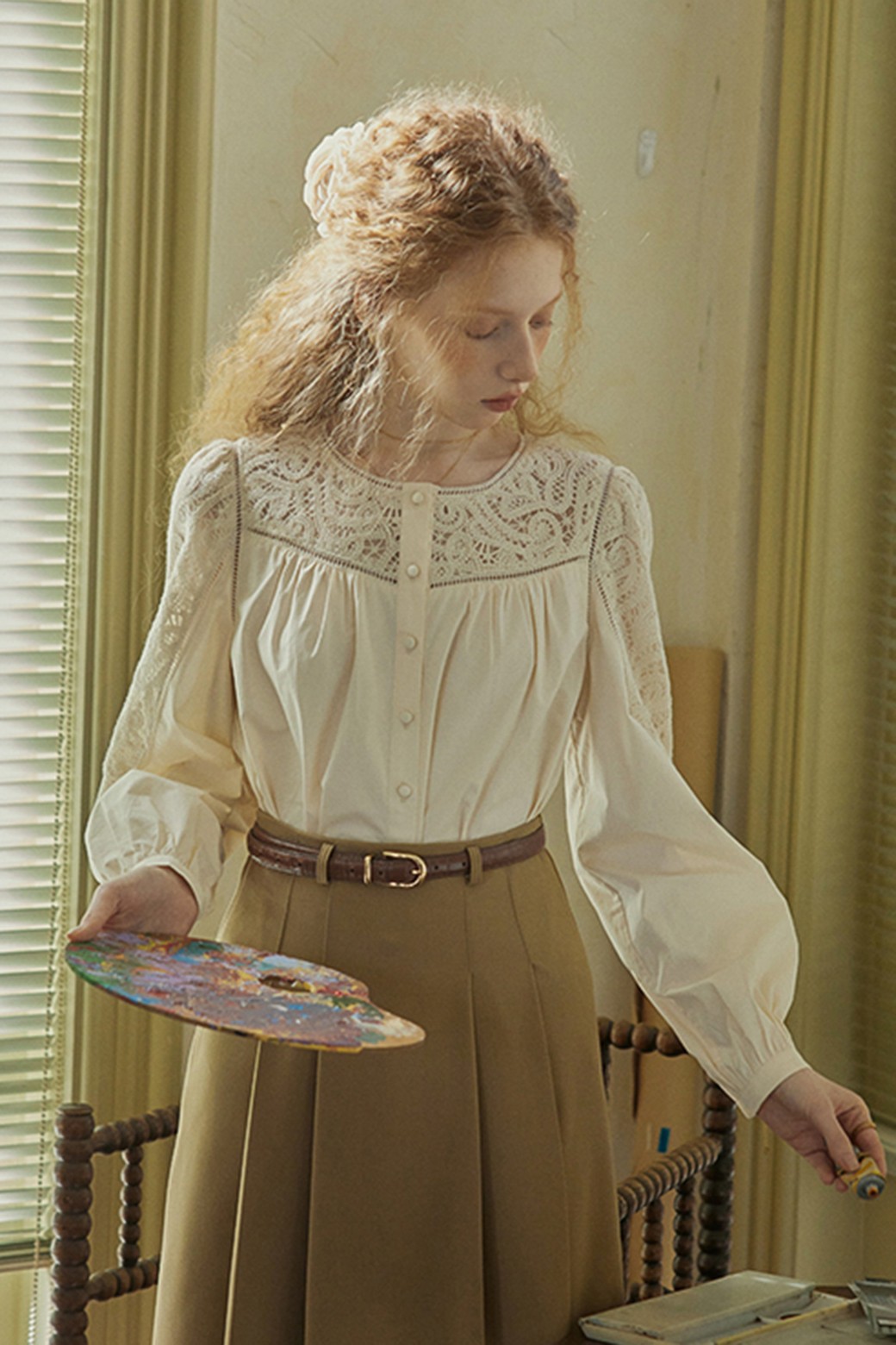 Proud Mary - 셔츠 - PM_Vintage embroidery pleated shirt
