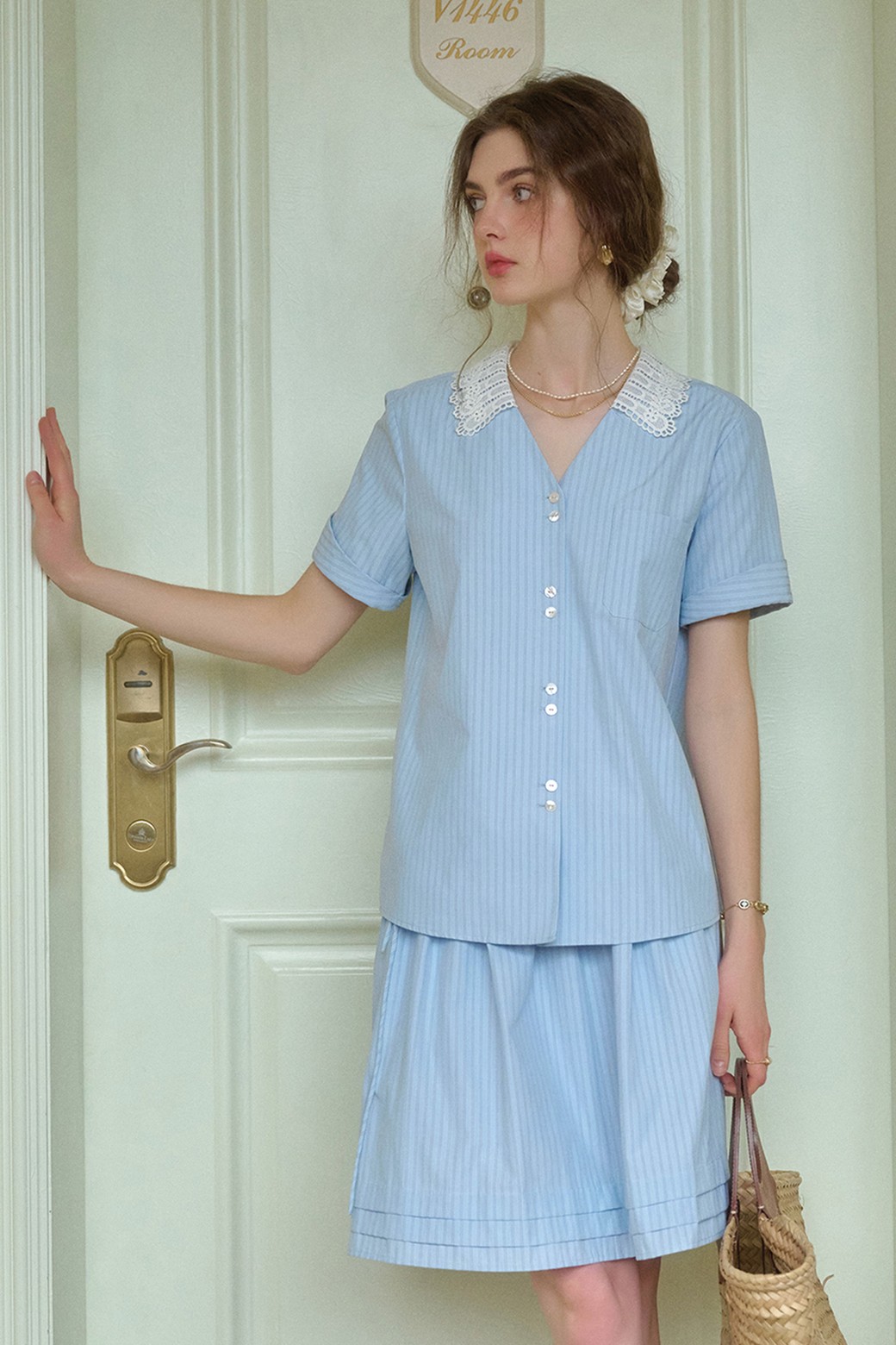 Simple Retro - 셔츠 - SR_Blue coast art striped shirt