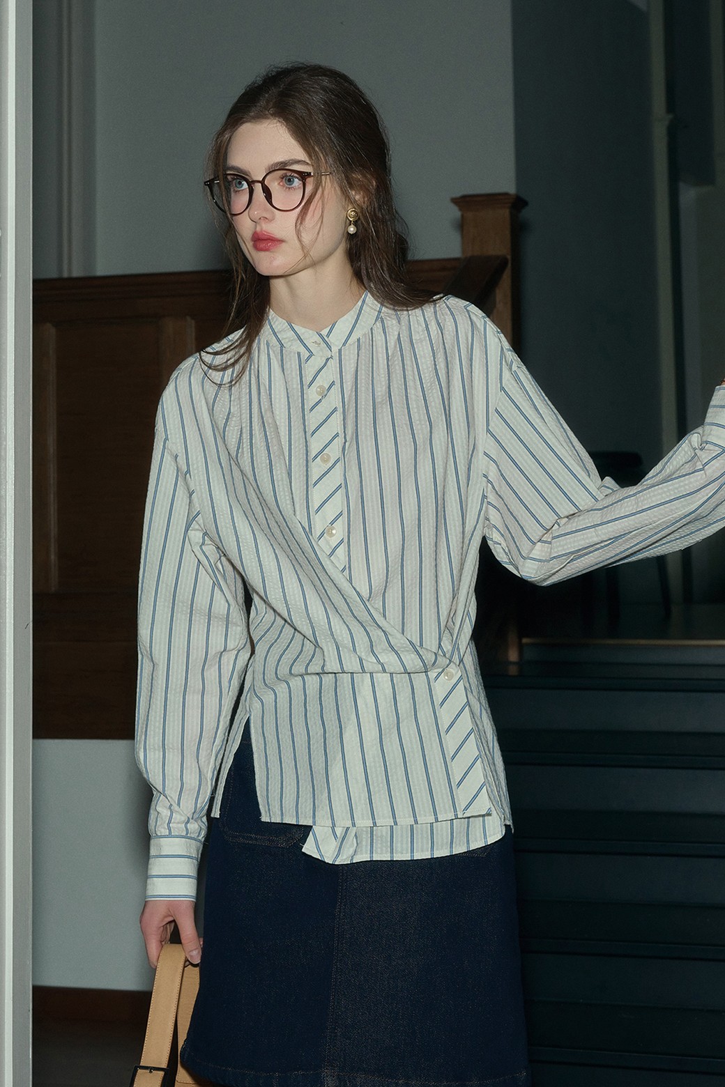 Simple Retro - 셔츠 - SR_Bubble texture two-wear striped shirt