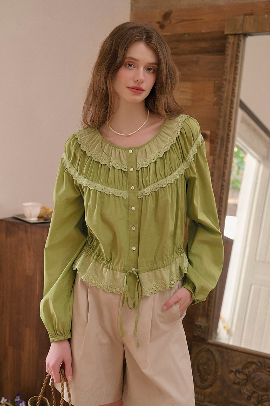 Simple Retro - 셔츠 - SR_Cotton angel embroidery shirt_GREEN