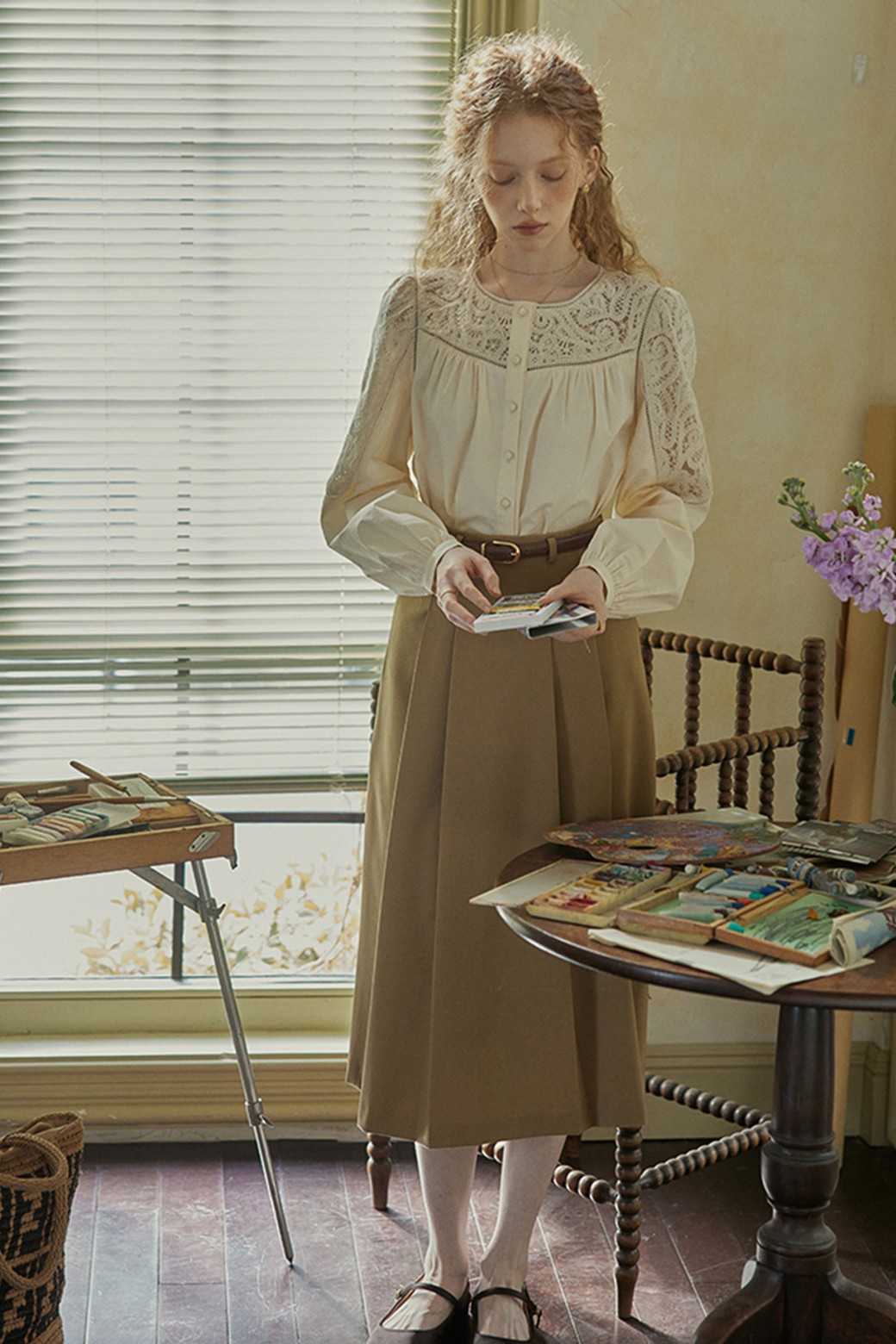 Proud Mary - 셔츠 - PM_Vintage embroidery pleated shirt