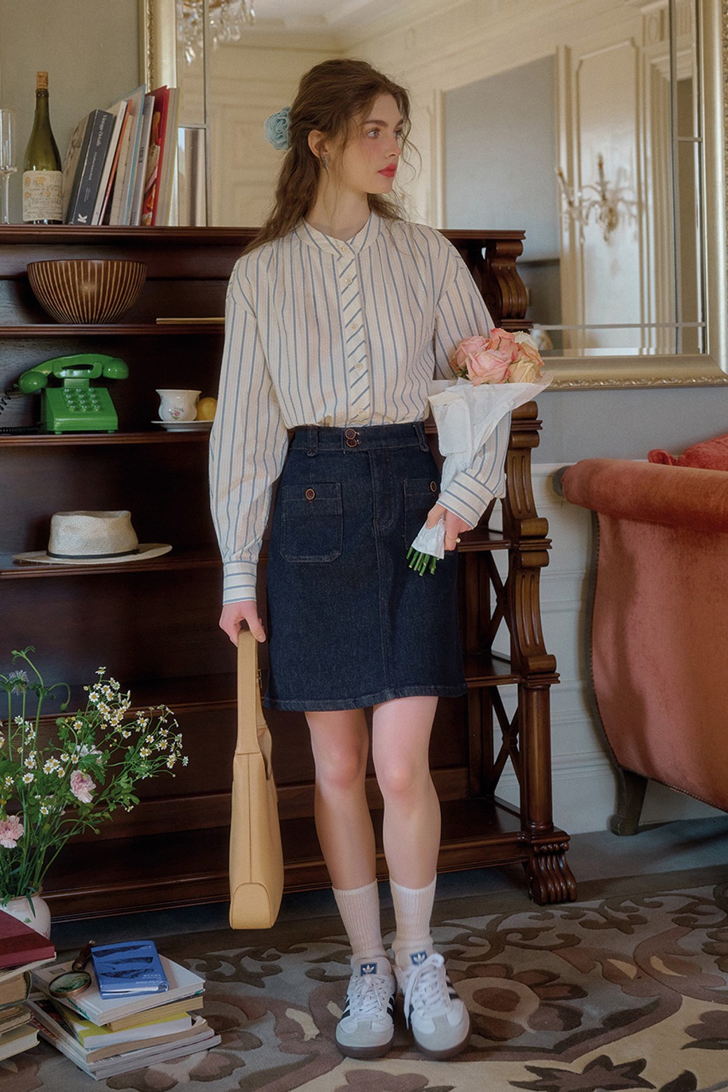 Simple Retro - 셔츠 - SR_Bubble texture two-wear striped shirt
