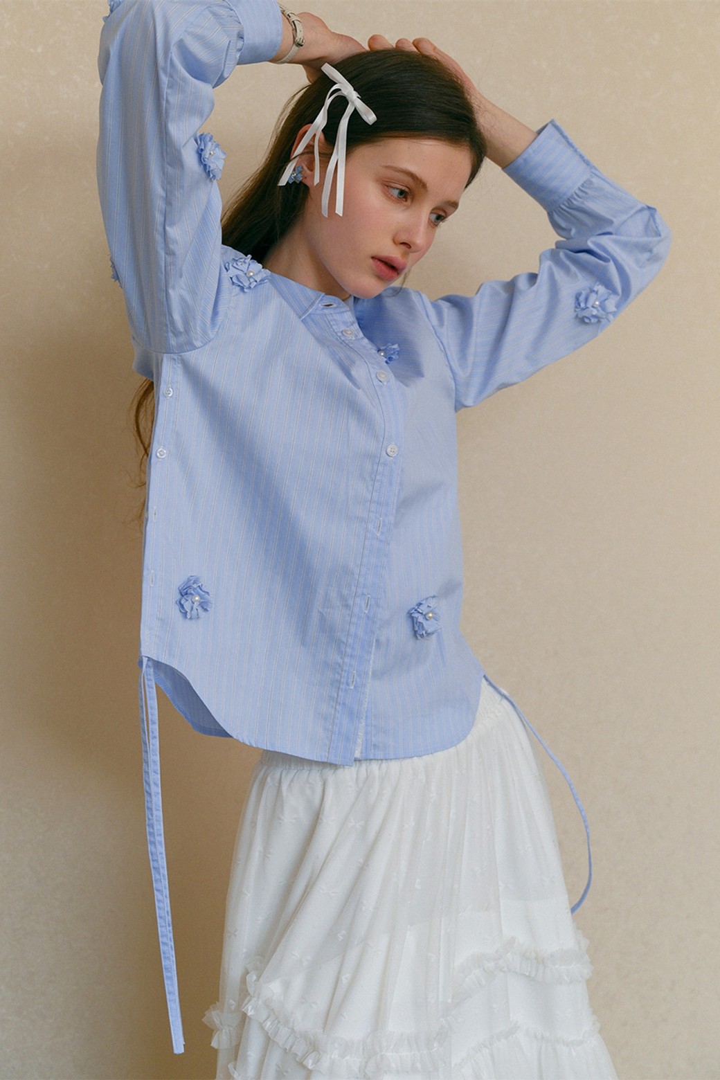 Cest Moidew - 셔츠 - Cest_Beaded flower striped shirt