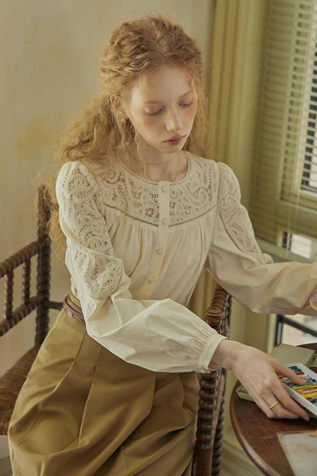 Proud Mary - 셔츠 - PM_Vintage embroidery pleated shirt