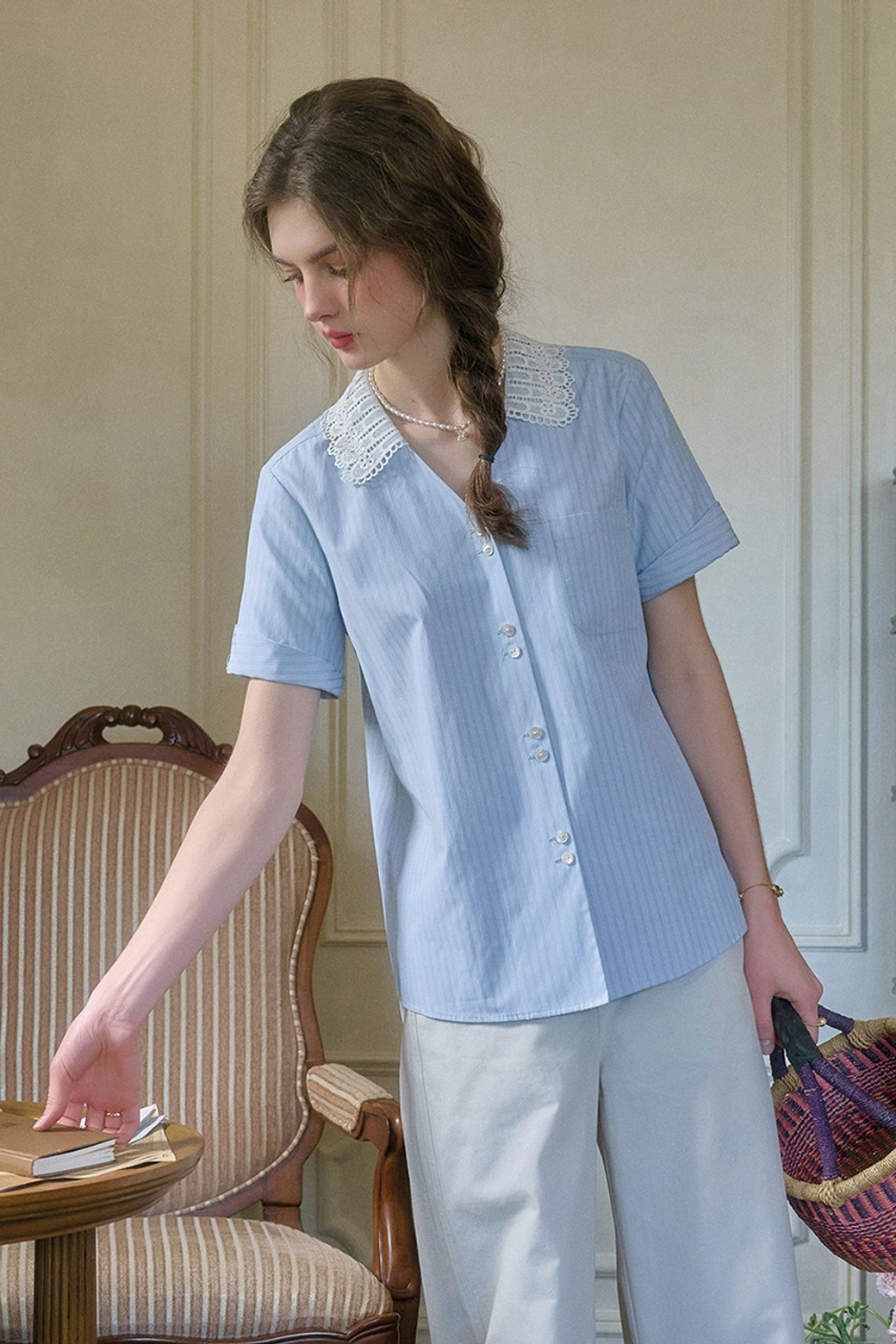 Simple Retro - 셔츠 - SR_Blue coast art striped shirt