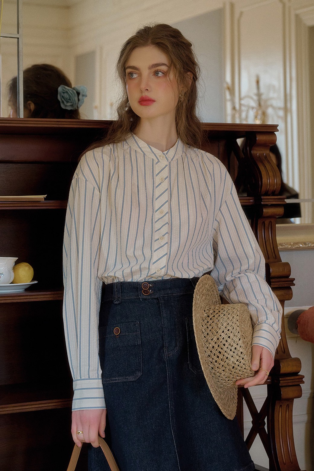 Simple Retro - 셔츠 - SR_Bubble texture two-wear striped shirt