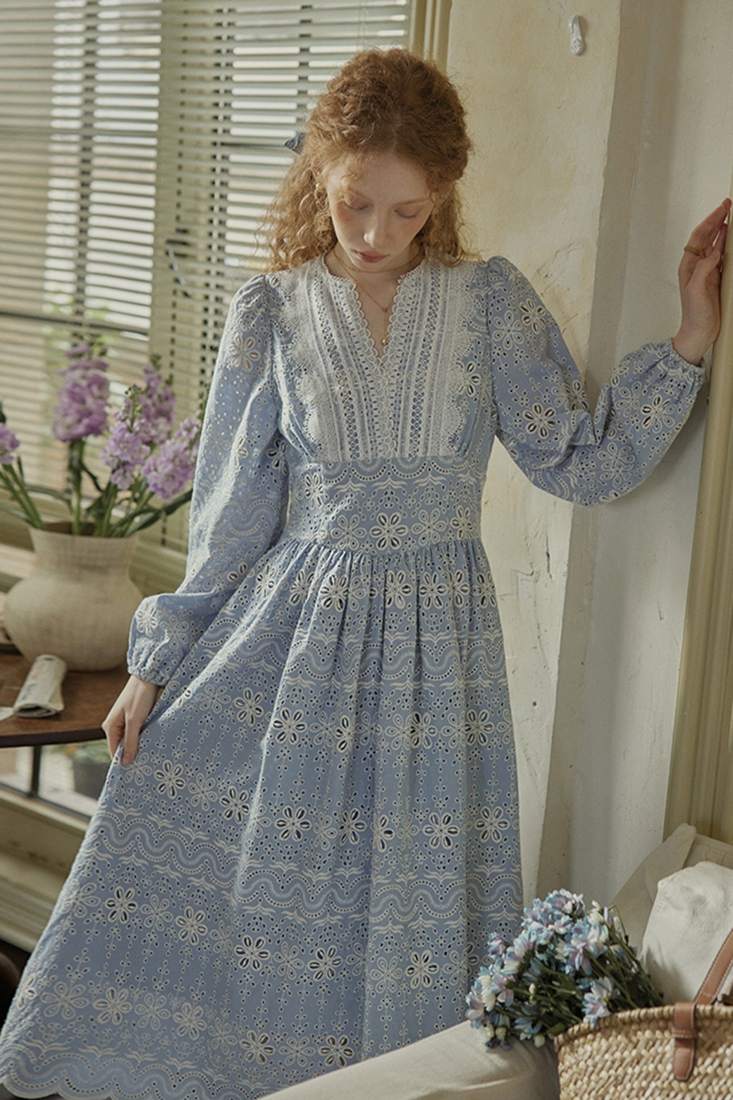 Proud Mary - 원피스 - PM_Hollow embroidered waist dress_BLUE