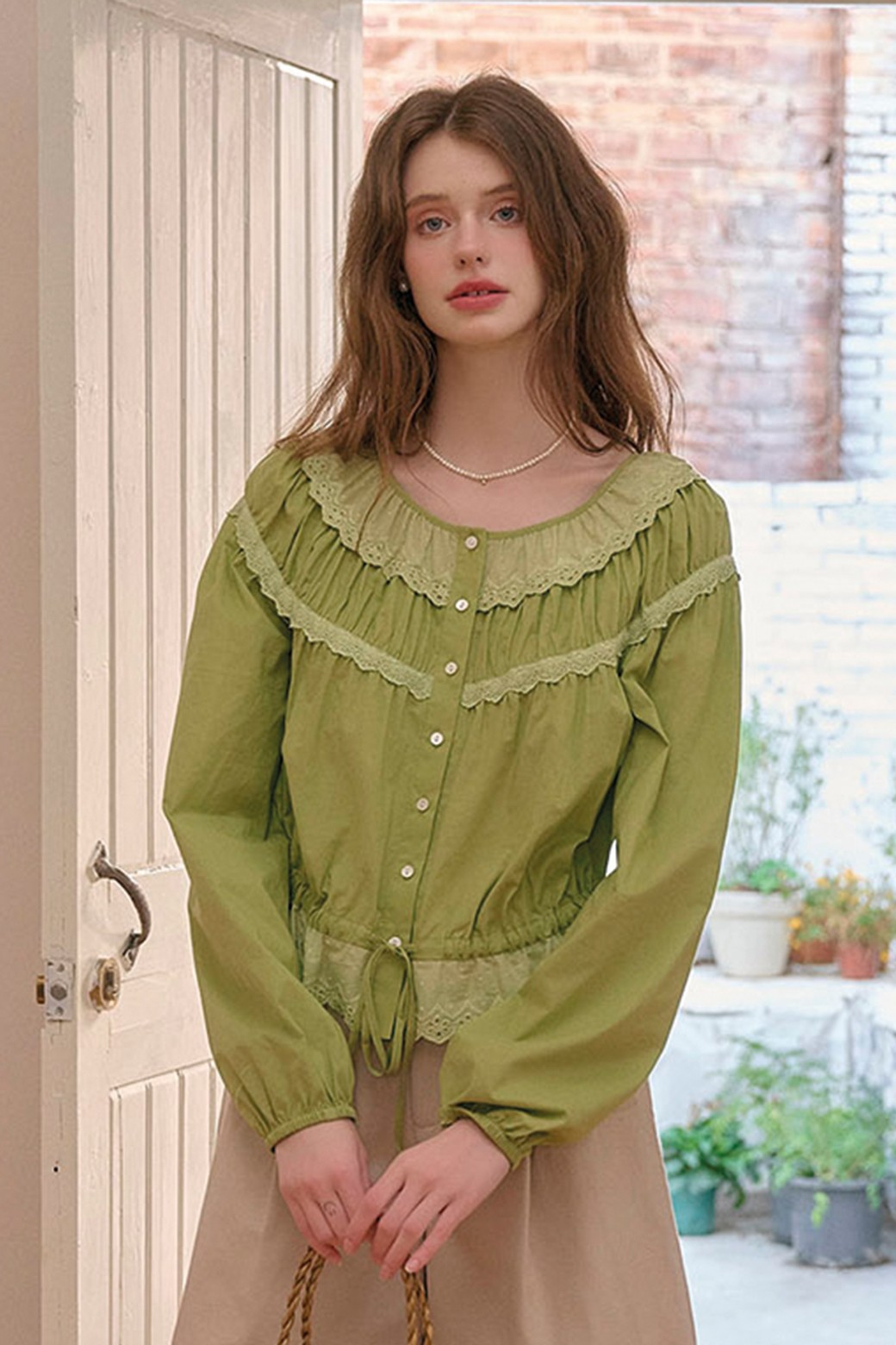 Simple Retro - 셔츠 - SR_Cotton angel embroidery shirt_GREEN