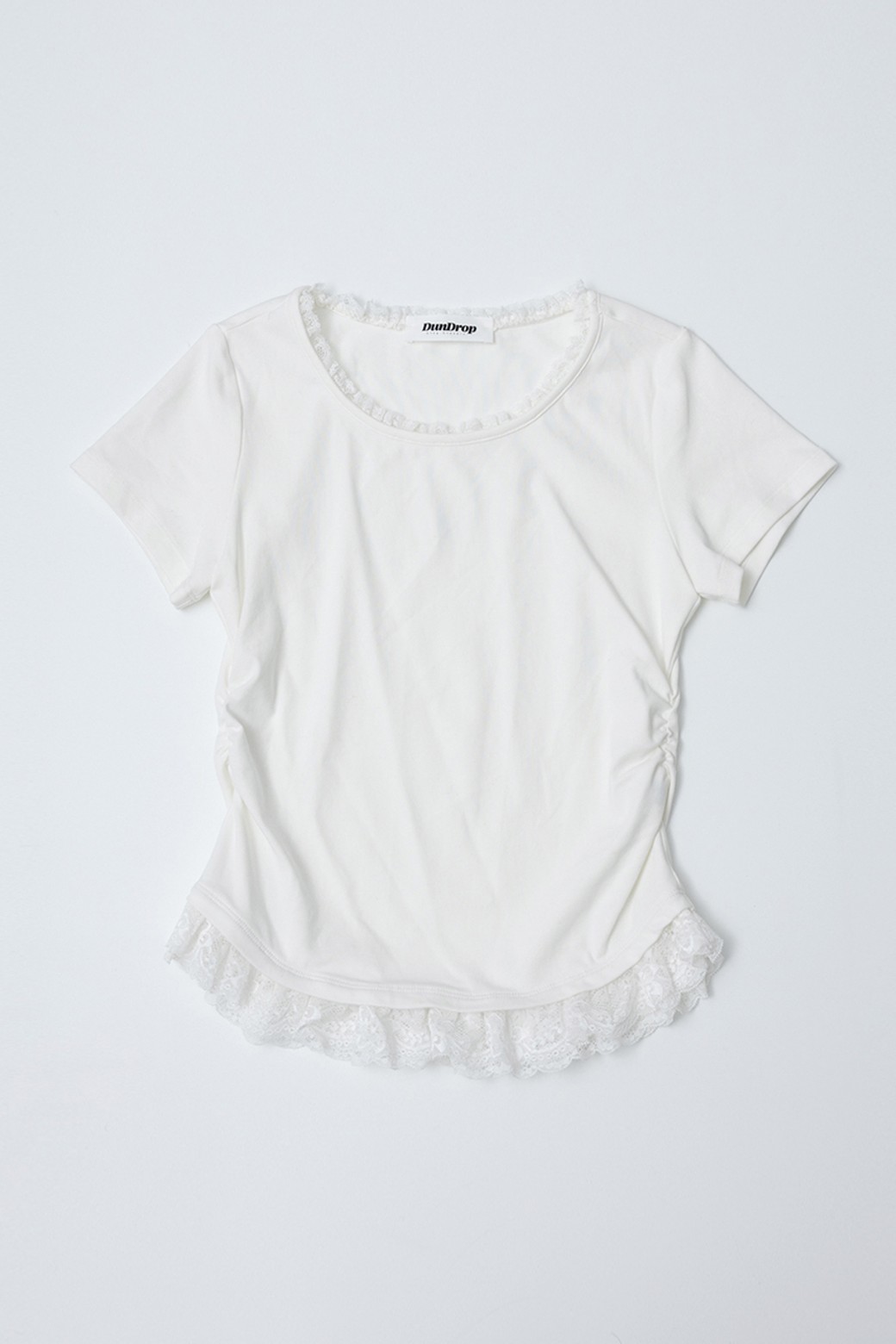 DUNDROP - 반소매 티셔츠 - Lace hem short sleeves top_WHITE