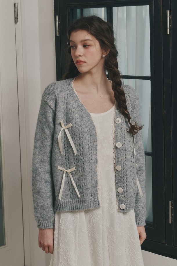 DUNDROP - 가디건 - DD_Double bow knit cardigan_2color