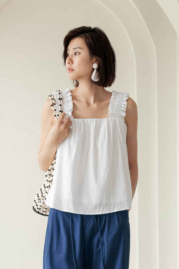 LANGSON - 민소매티셔츠 - LS_Strap white short top