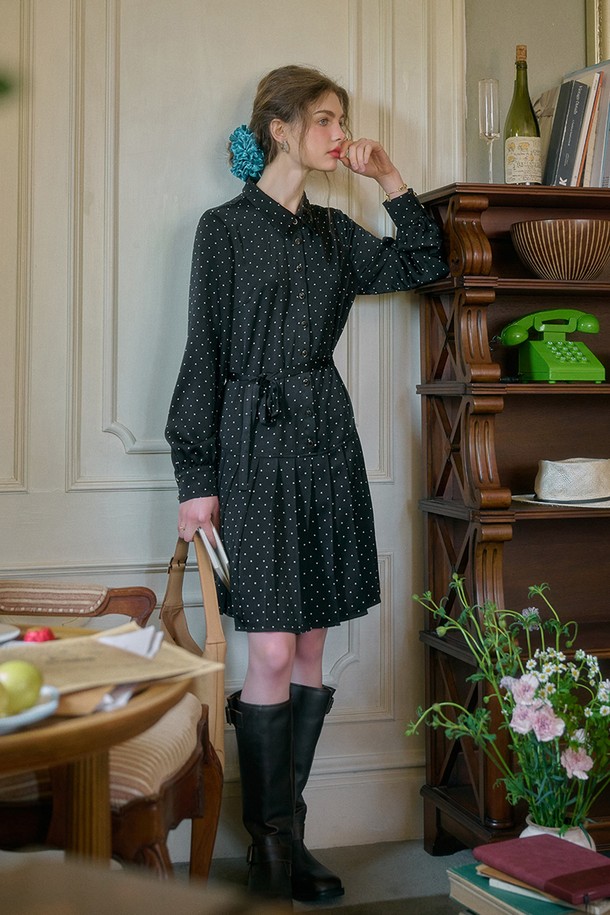 Simple Retro - 긴소매 원피스 - SR_Polka dot literary shirt dress