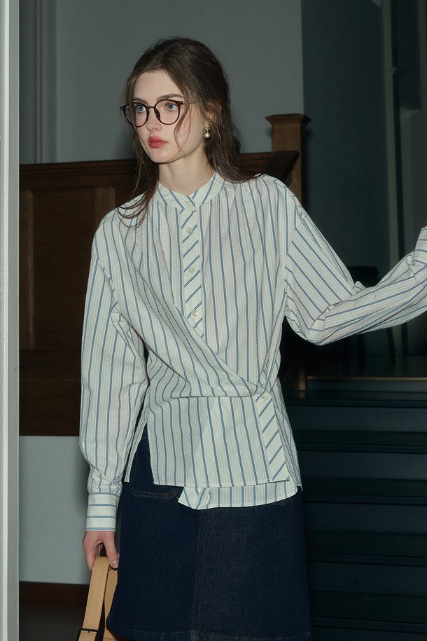 Simple Retro - 셔츠 - SR_Bubble texture two-wear striped shirt