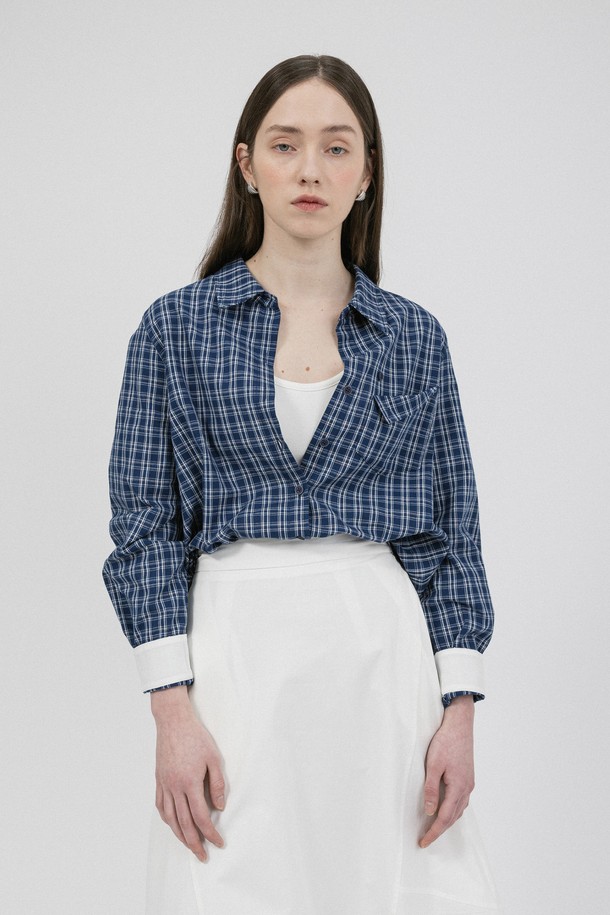 WE'DEE - 블라우스 - WD_White sleeves check blouse_BLUE