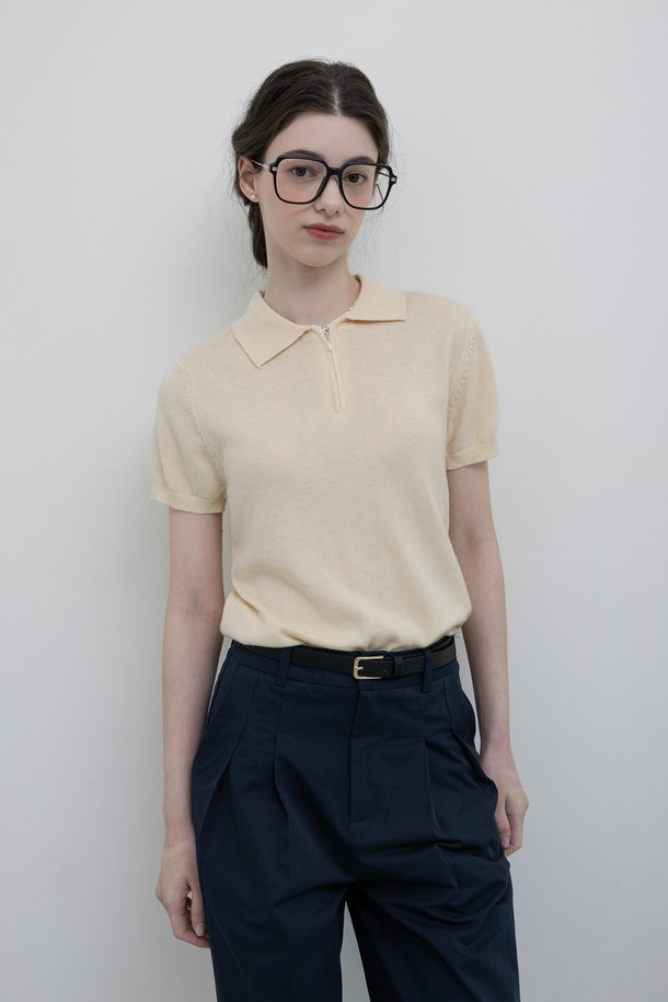 Aei&Rei - 반소매 티셔츠 - Solid color collar knit top_2color