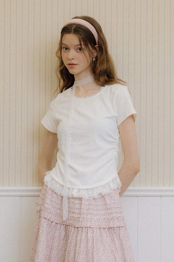 DUNDROP - 반소매 티셔츠 - Lace hem short sleeves top_WHITE