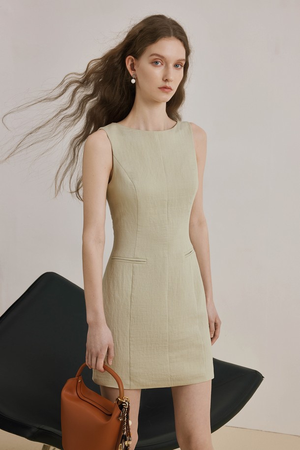 YYIAM - 민소매 원피스 - Waist slim short green dress