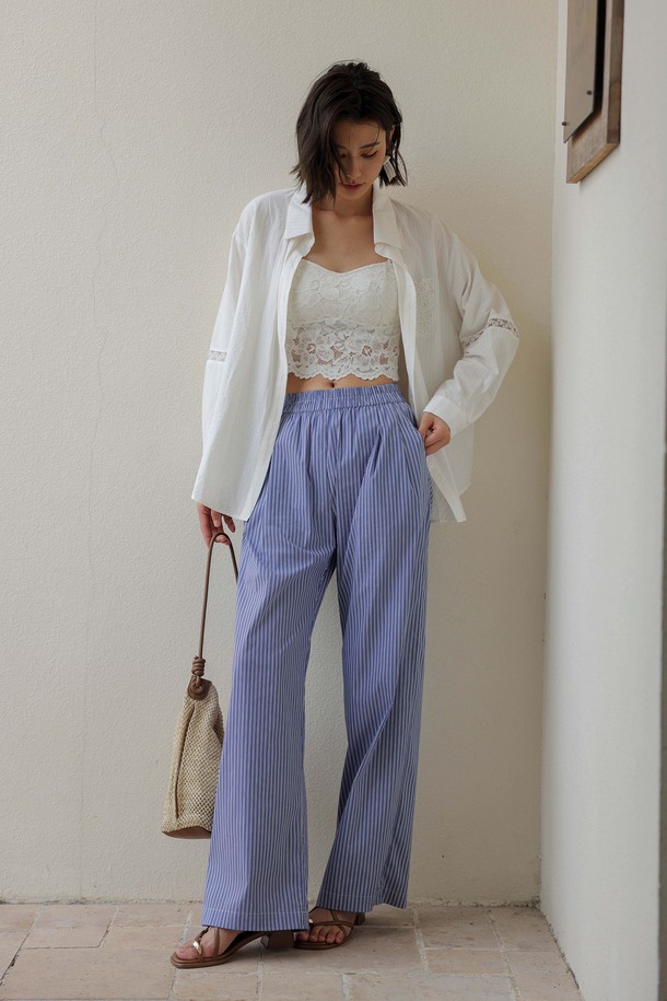 LANGSON - 롱/미디팬츠 - Striped wide-leg blue pants